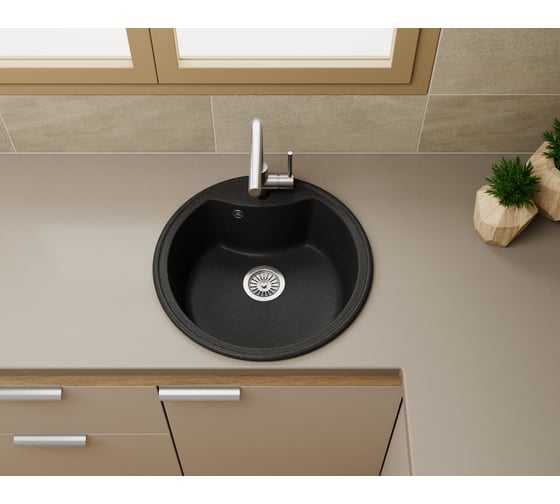 Мойка для кухни Bauedge BAU Dream Black stone D 51, выпуск с сифоном в комплекте, черный камень GR0107