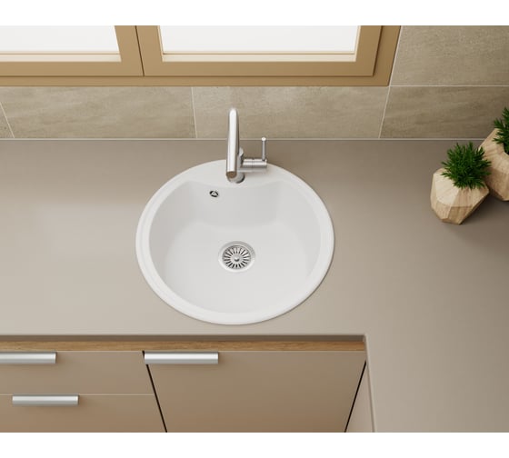 Мойка для кухни Bauedge BAU Dream White snow D 51, выпуск с сифоном в комплекте, белый снег GR0106