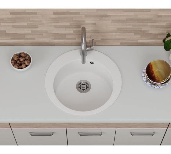 Мойка для кухни Bauedge BAU Dream White snow D 50, выпуск с сифоном в комплекте, белый снег GR0110