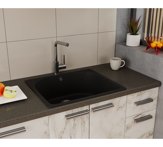 Мойка для кухни Bauedge BAU Mif Black stone 59x51, выпуск с сифоном в комплекте, черный камень GR0138