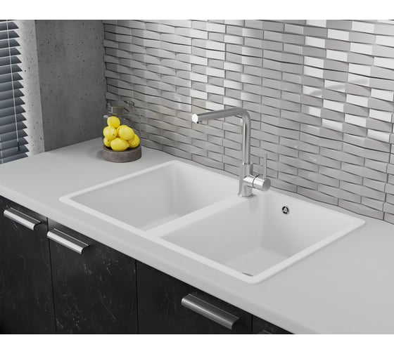 Мойка для кухни двойная чаша Bauedge BAU Stil White snow 77x50, выпуск с сифоном в комплекте, белый снег GR0174