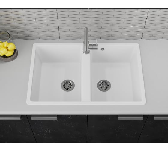 Мойка для кухни двойная чаша Bauedge BAU Stil White snow 77x50, выпуск с сифоном в комплекте, белый снег GR0174