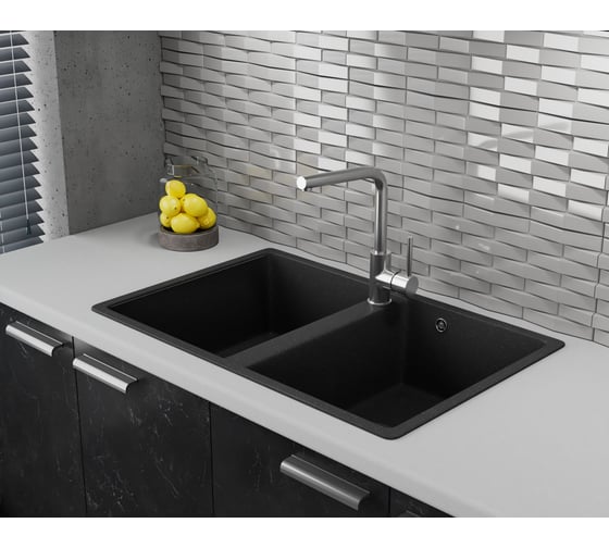 Мойка для кухни двойная чаша Bauedge BAU Stil Black stone 77x50, выпуск с сифоном в комплекте, черный камень GR0175
