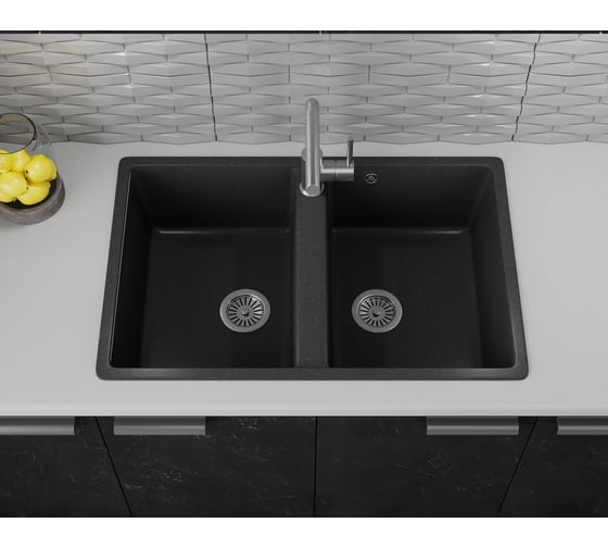 Мойка для кухни двойная чаша Bauedge BAU Stil Black stone 77x50, выпуск с сифоном в комплекте, черный камень GR0175