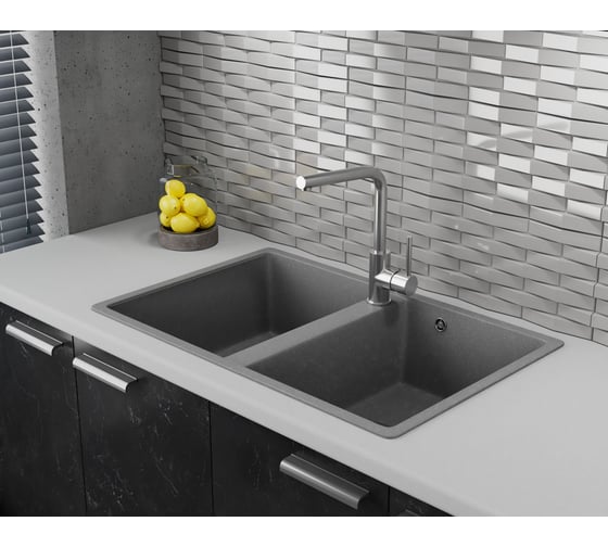 Мойка для кухни двойная чаша Bauedge BAU Stil Gray stone 77x50, выпуск с сифоном в комплекте, серый камень GR0173