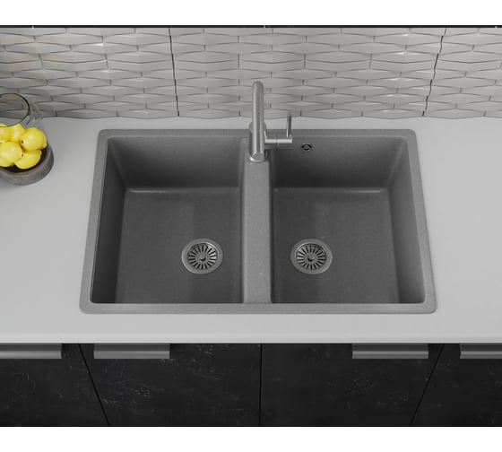 Мойка для кухни двойная чаша Bauedge BAU Stil Gray stone 77x50, выпуск с сифоном в комплекте, серый камень GR0173