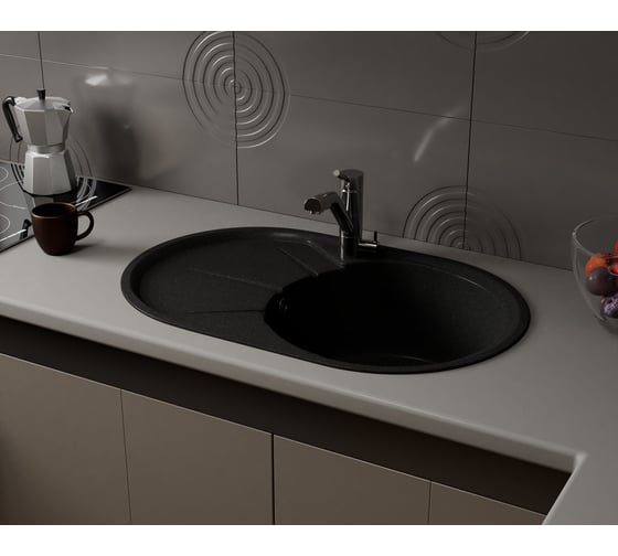 Мойка для кухни оборачиваемая овальная Bauedge BAU Nimb Black stone 75x48, выпуск с сифоном в комплекте, черный камень GR0145