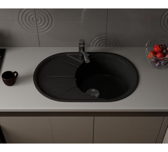 Мойка для кухни оборачиваемая овальная Bauedge BAU Nimb Black stone 75x48, выпуск с сифоном в комплекте, черный камень GR0145