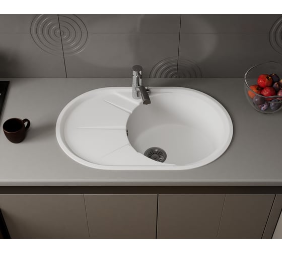 Мойка для кухни оборачиваемая овальная Bauedge BAU Nimb White snow 75x48, выпуск с сифоном в комплекте, белый снег GR0144