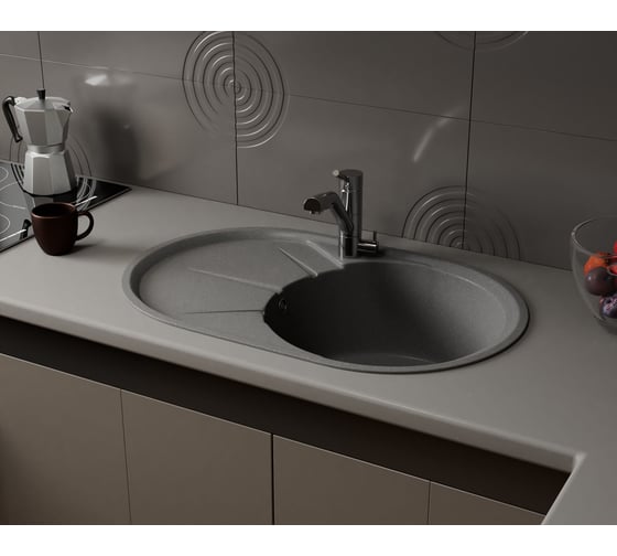 Мойка для кухни оборачиваемая овальная Bauedge BAU Nimb Gray stone 75x48, выпуск с сифоном в комплекте, серый камень GR0143