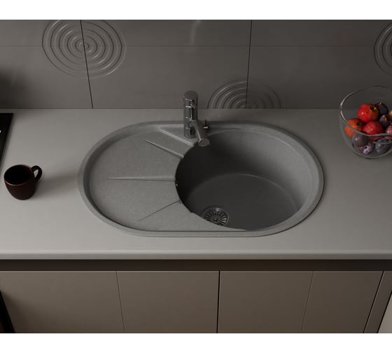 Мойка для кухни оборачиваемая овальная Bauedge BAU Nimb Gray stone 75x48, выпуск с сифоном в комплекте, серый камень GR0143
