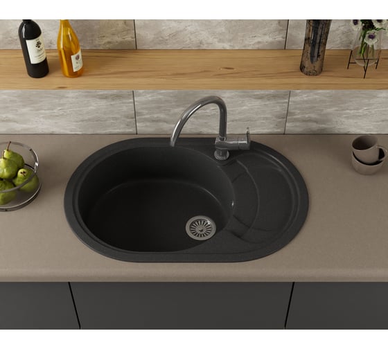 Мойка для кухни оборачиваемая овальная Bauedge BAU Nimb Black stone 78x50, выпуск с сифоном в комплекте, черный камень GR0148