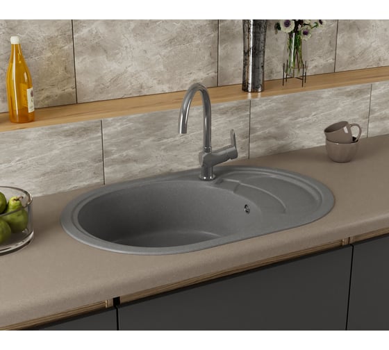 Мойка для кухни оборачиваемая овальная Bauedge BAU Nimb Gray stone 78x50, выпуск с сифоном в комплекте, серый камень GR0146