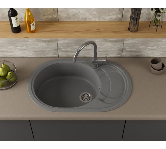 Мойка для кухни оборачиваемая овальная Bauedge BAU Nimb Gray stone 78x50, выпуск с сифоном в комплекте, серый камень GR0146