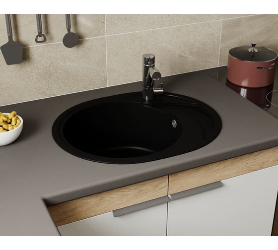 Мойка для кухни оборачиваемая овальная Bauedge BAU Nimb Black coal 58x47, выпуск с сифоном в комплекте, черный уголь GR0142
