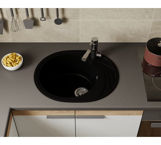 Мойка для кухни оборачиваемая овальная Bauedge BAU Nimb Black coal 58x47, выпуск с сифоном в комплекте, черный уголь GR0142