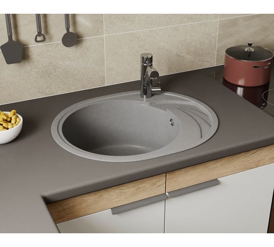 Мойка для кухни оборачиваемая овальная Bauedge BAU Nimb Gray stone 58x47, выпуск с сифоном в комплекте, серый камень GR0139