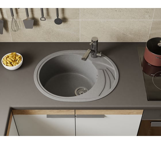 Мойка для кухни оборачиваемая овальная Bauedge BAU Nimb Gray stone 58x47, выпуск с сифоном в комплекте, серый камень GR0139