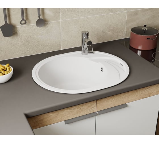 Мойка для кухни оборачиваемая овальная Bauedge BAU Nimb White snow 58x47, выпуск с сифоном в комплекте, белый снег GR0140