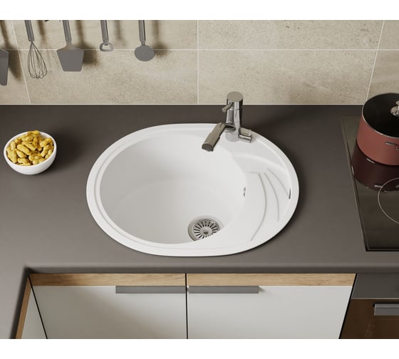 Мойка для кухни оборачиваемая овальная Bauedge BAU Nimb White snow 58x47, выпуск с сифоном в комплекте, белый снег GR0140
