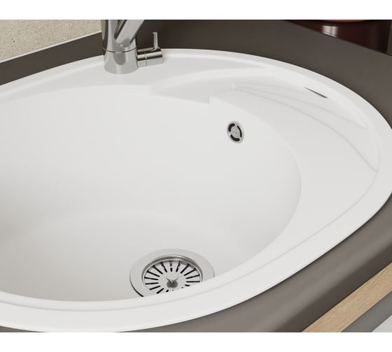 Мойка для кухни оборачиваемая овальная Bauedge BAU Nimb White snow 58x47, выпуск с сифоном в комплекте, белый снег GR0140