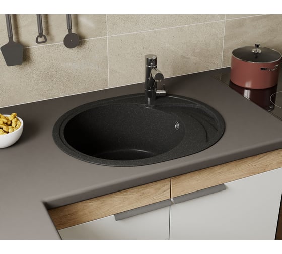 Мойка для кухни оборачиваемая овальная Bauedge BAU Nimb Black stone 58x47, выпуск с сифоном в комплекте, черный камень GR0141
