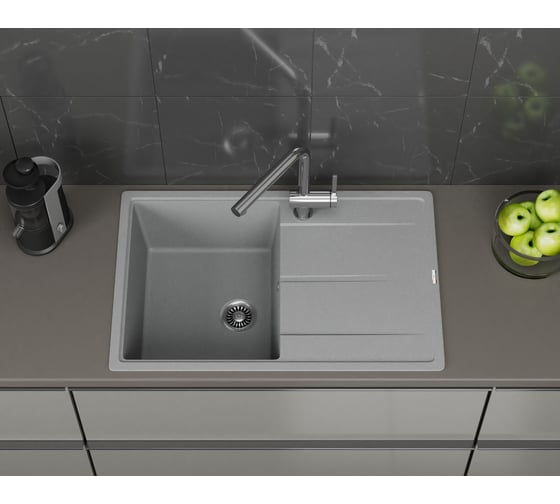 Мойка для кухни врезная кварцевая в комплекте с сифоном Bauedge BAU Stil Gray silk 78x51, серый шёлк BAU0023
