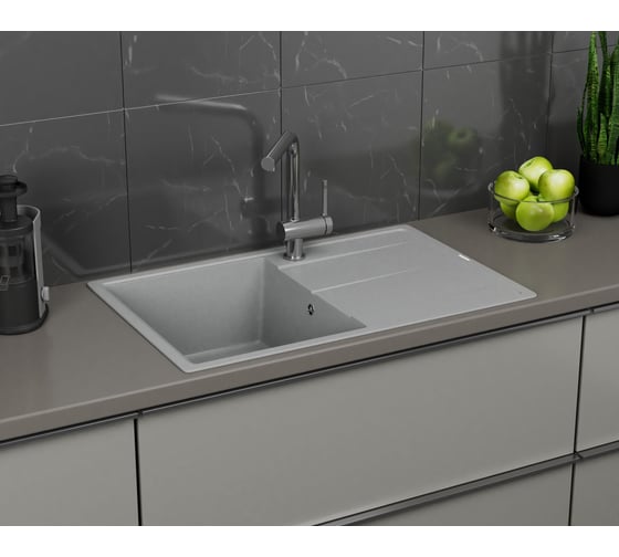 Мойка для кухни врезная кварцевая в комплекте с сифоном Bauedge BAU Stil Gray silk 78x51, серый шёлк BAU0023