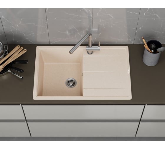 Мойка для кухни врезная кварцевая в комплекте с сифоном Bauedge BAU Stil Sand 78x51, песочный BAU0022