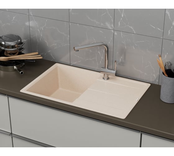 Мойка для кухни врезная кварцевая в комплекте с сифоном Bauedge BAU Stil Sand 78x51, песочный BAU0022