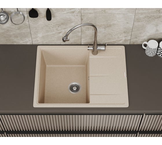 Мойка для кухни врезная кварцевая в комплекте с сифоном Bauedge BAU Stil Sand 65x51, песочный BAU0012