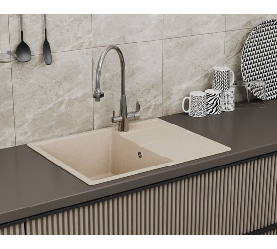 Мойка для кухни врезная кварцевая в комплекте с сифоном Bauedge BAU Stil Sand 65x51, песочный BAU0012