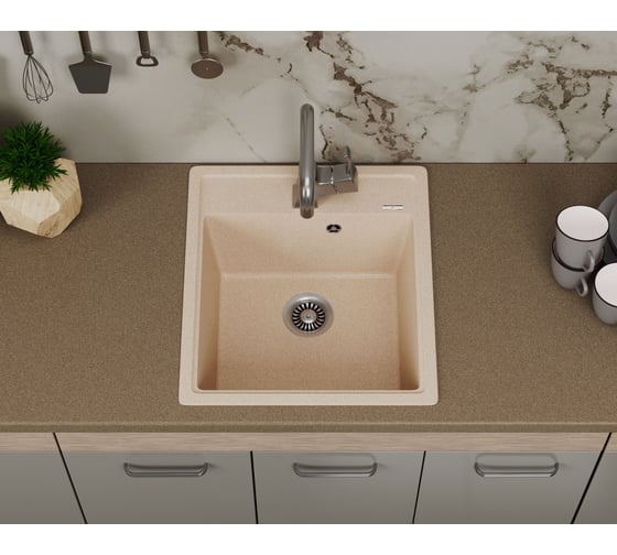 Мойка для кухни врезная кварцевая в комплекте с сифоном Bauedge BAU Stil Sand 46x51, песочный BAU0003
