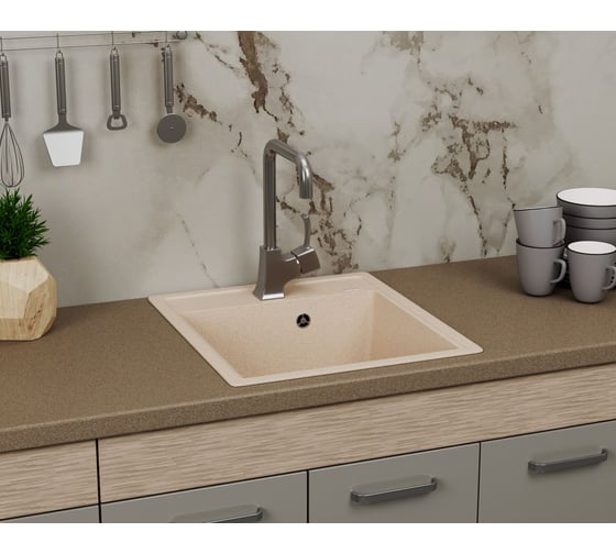 Мойка для кухни врезная кварцевая в комплекте с сифоном Bauedge BAU Stil Sand 46x51, песочный BAU0003