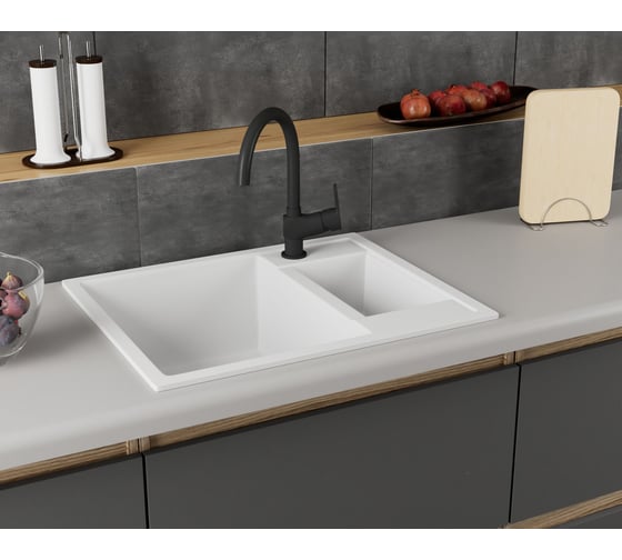 Мойка для кухни Bauedge оборачиваемая полуторная чаша BAU Stil White snow 60x50, выпуск с сифоном в комплекте, белый снег GR0169
