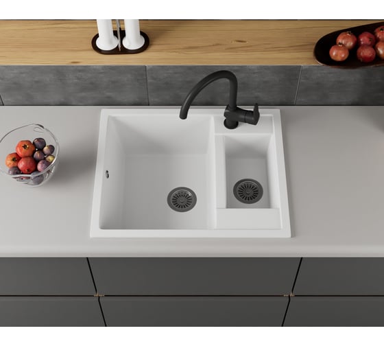 Мойка для кухни Bauedge оборачиваемая полуторная чаша BAU Stil White snow 60x50, выпуск с сифоном в комплекте, белый снег GR0169