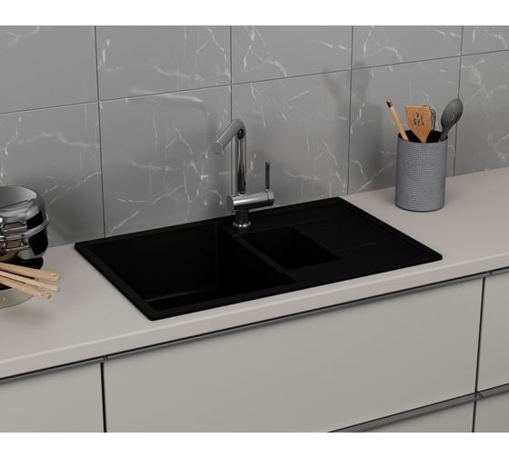 Мойка для кухни Bauedge оборачиваемая полуторная чаша с крылом BAU Stil Black coal 77x50, выпуск с сифоном в комплекте, черный уголь GR0180