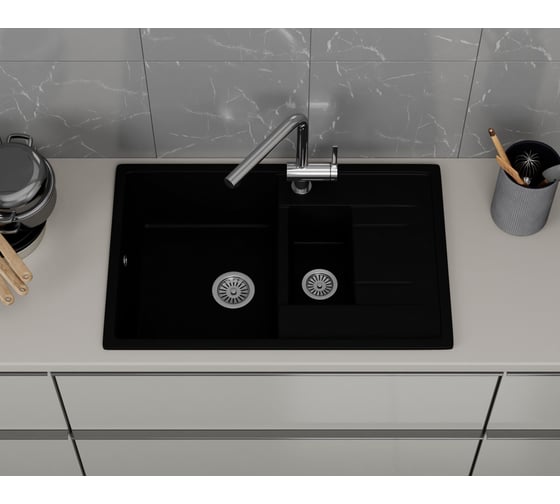 Мойка для кухни Bauedge оборачиваемая полуторная чаша с крылом BAU Stil Black coal 77x50, выпуск с сифоном в комплекте, черный уголь GR0180