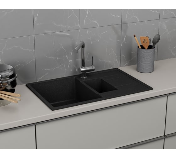 Мойка для кухни Bauedge оборачиваемая полуторная чаша с крылом BAU Stil Black stone 77x50, выпуск с сифоном в комплекте, черный камень GR0179