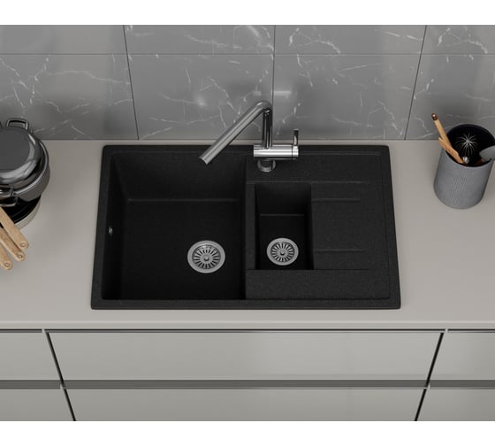 Мойка для кухни Bauedge оборачиваемая полуторная чаша с крылом BAU Stil Black stone 77x50, выпуск с сифоном в комплекте, черный камень GR0179