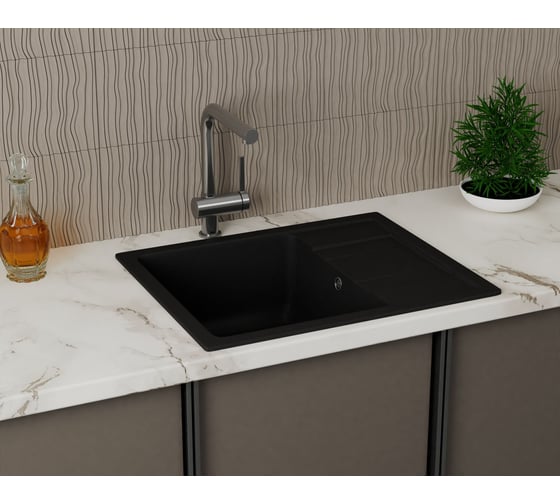Мойка для кухни оборачиваемая с крылом Bauedge BAU Stil Black coal 61x50, выпуск с сифоном в комплекте, черный уголь GR0154
