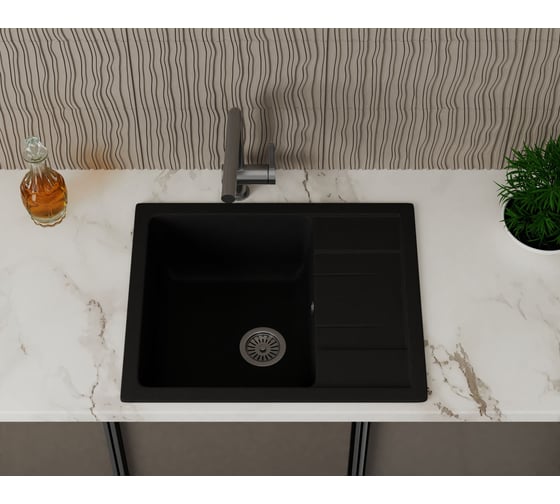 Мойка для кухни оборачиваемая с крылом Bauedge BAU Stil Black coal 61x50, выпуск с сифоном в комплекте, черный уголь GR0154