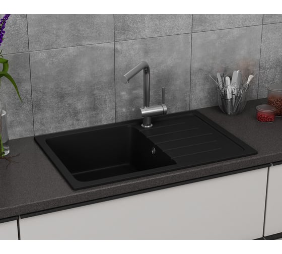Мойка для кухни оборачиваемая с крылом Bauedge BAU Stil Black coal 75x50, выпуск с сифоном в комплекте, черный уголь GR0158