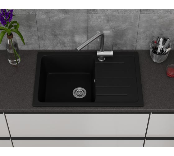 Мойка для кухни оборачиваемая с крылом Bauedge BAU Stil Black coal 75x50, выпуск с сифоном в комплекте, черный уголь GR0158