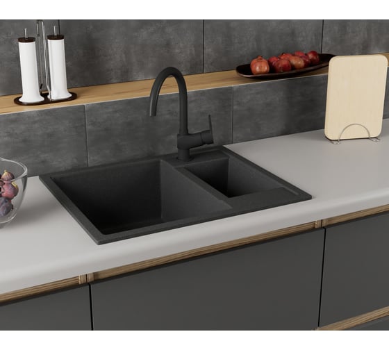 Мойка для кухни оборачиваемая с крылом Bauedge BAU Stil Black stone 60x50, выпуск с сифоном в комплекте, черный камень GR0170