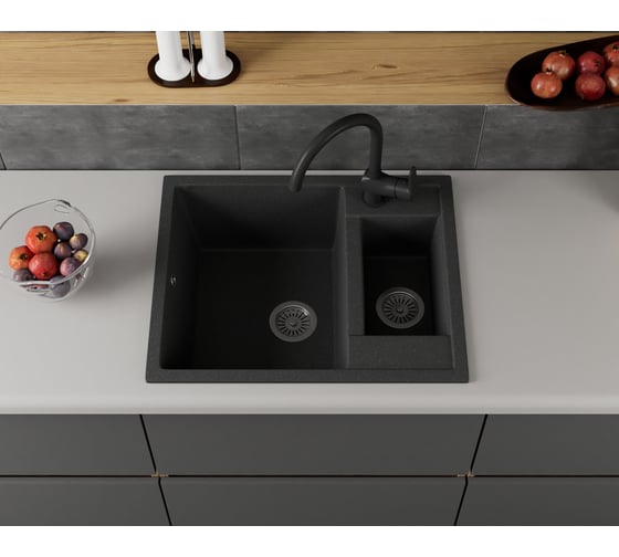 Мойка для кухни оборачиваемая с крылом Bauedge BAU Stil Black stone 60x50, выпуск с сифоном в комплекте, черный камень GR0170