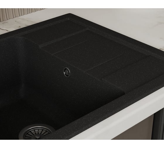 Мойка для кухни оборачиваемая с крылом Bauedge BAU Stil Black stone 61x50, выпуск с сифоном в комплекте, черный камень GR0153