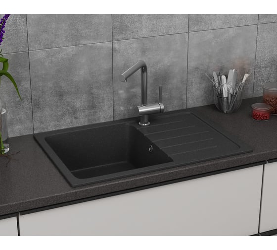 Мойка для кухни оборачиваемая с крылом Bauedge BAU Stil Black stone 75x50, выпуск с сифоном в комплекте, черный камень GR0157