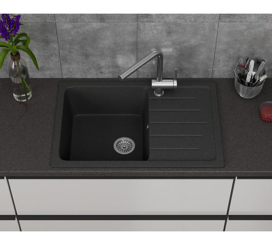 Мойка для кухни оборачиваемая с крылом Bauedge BAU Stil Black stone 75x50, выпуск с сифоном в комплекте, черный камень GR0157