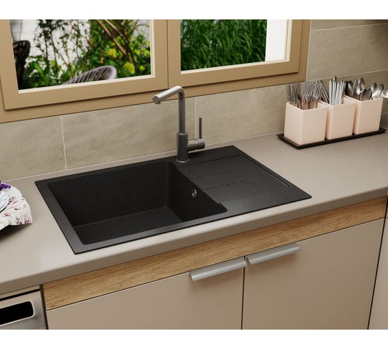 Мойка для кухни оборачиваемая с крылом Bauedge BAU Stil Black stone 76x50, выпуск с сифоном в комплекте, черный камень GR0165